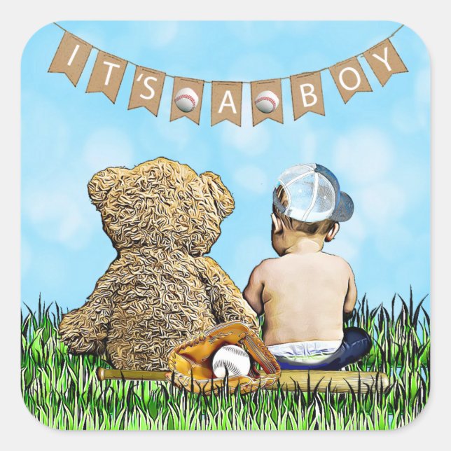 Es ist ein Junge, Baseball Themed Baby Dusche Sieg Quadratischer Aufkleber (Vorderseite)