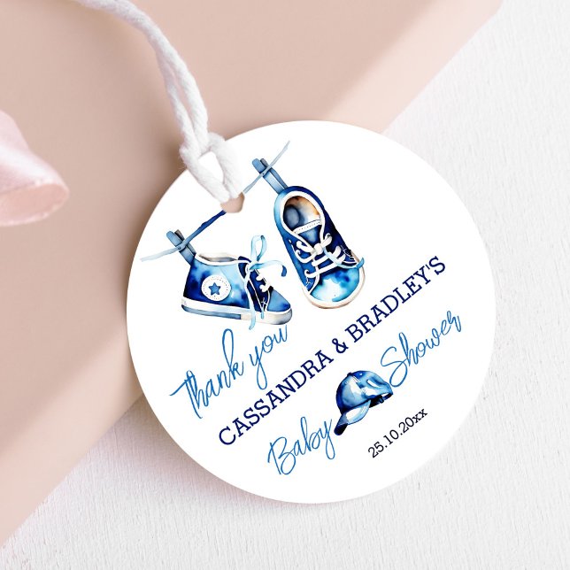 Es ist ein junge blaue Baby Schuhe danke Ihnen für Geschenkanhänger (It's a boy blue baby shoes thank you favor favor tags)
