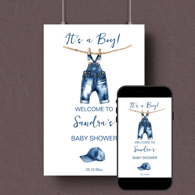 Es ist ein junge blaue Jeans Babydusche Begrüßungs Poster (Blue jeans it's a boy baby shower minimalist welcome sign editable template poster instant download)
