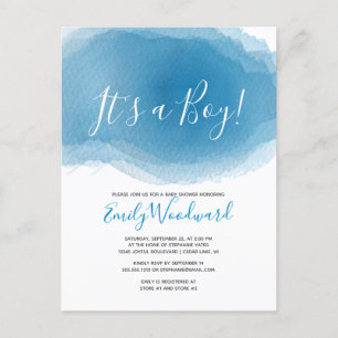 Es ist ein Junge! Blaue Wasserfarben-Baby-Party Einladungspostkarte