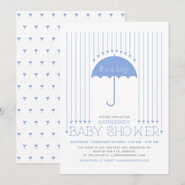 Es ist ein Junge | Blue Hearts & Umbrella Baby Sho Einladung (Vorne/Hinten)
