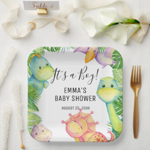 Es ist ein Junge Dinosaurier-Baby-Party-Papierplat Pappteller