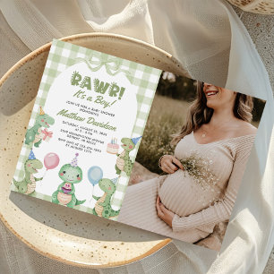 Es ist ein Junge Dinosaurier Gingham Baby Shower F Einladung