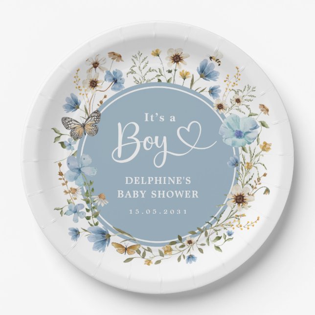 Es ist ein Junge | Dusty Blue Wildblume Babydusche Pappteller (Vorderseite)