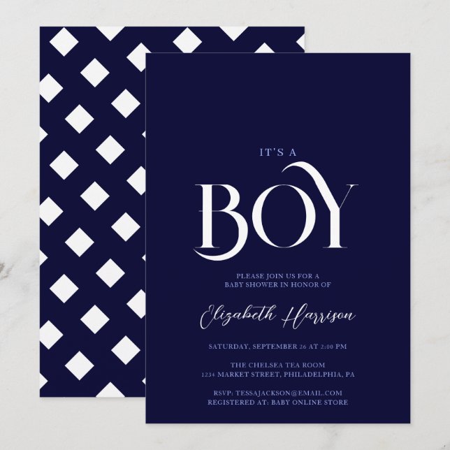 "es ist ein Junge" Elegant Chic Navy Blue Baby Dus Einladung (Vorne/Hinten)