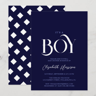 "es ist ein Junge" Elegant Chic Navy Blue Baby Dus Einladung