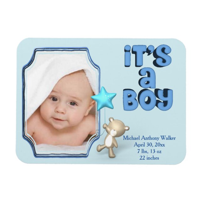Es ist ein Junge mit Foto, Informationen und Baby- Magnet (Horizontal)