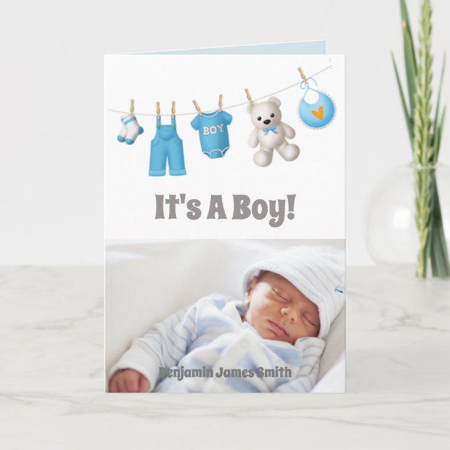 Es ist ein Junge! New Baby - Blue Custom Foto Karte (Vorderseite)