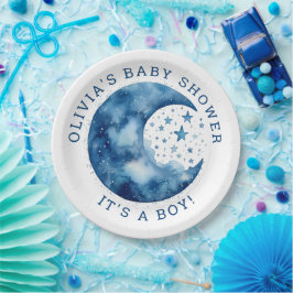 Es ist ein Junge. Niedliche Blaue Mond Babydusche Pappteller