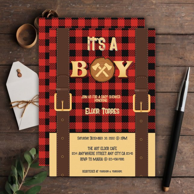 Es ist ein Junge Rustic Lumberjack Flannel Baby Du Einladung (Von Creator hochgeladen)