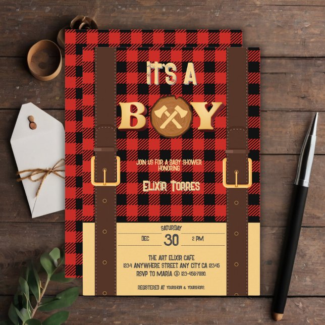 Es ist ein Junge Rustic Lumberjack Flannel Baby Du Einladung (Von Creator hochgeladen)