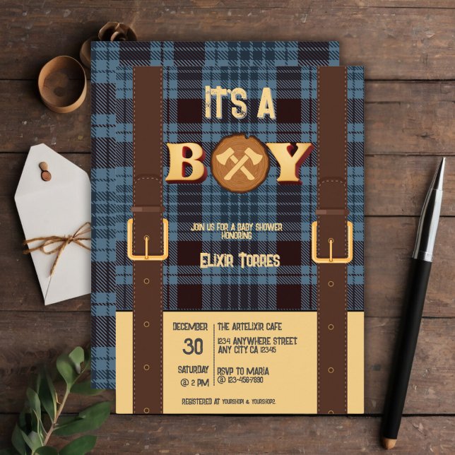 Es ist ein Junge Rustic Lumberjack Flannel Baby Du Einladung (Von Creator hochgeladen)
