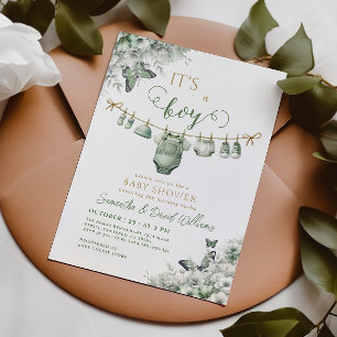 Es ist ein Junge Sage Grün Florale Babyparty Einladung
