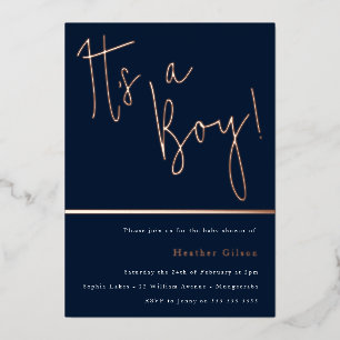 Es ist ein Junge! Staubiges Navy Blau Baby Shower Folieneinladung