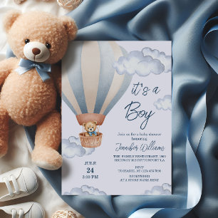 Es ist ein Junge Teddybär Heißluftballon Babyparty Einladung