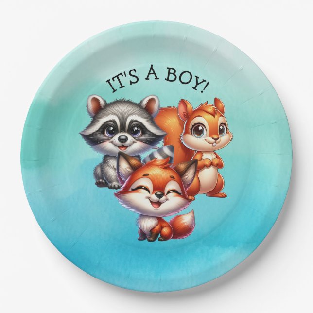 Es ist ein Junge | Woodland Creatures Babydusche Pappteller (Vorderseite)