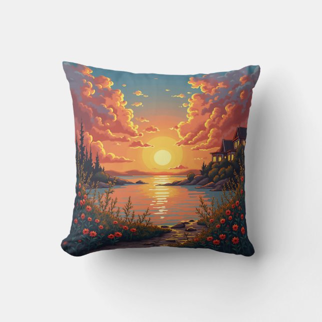 Es ist ein Kissen mit dem Sonnenuntergang. (Vorderseite)