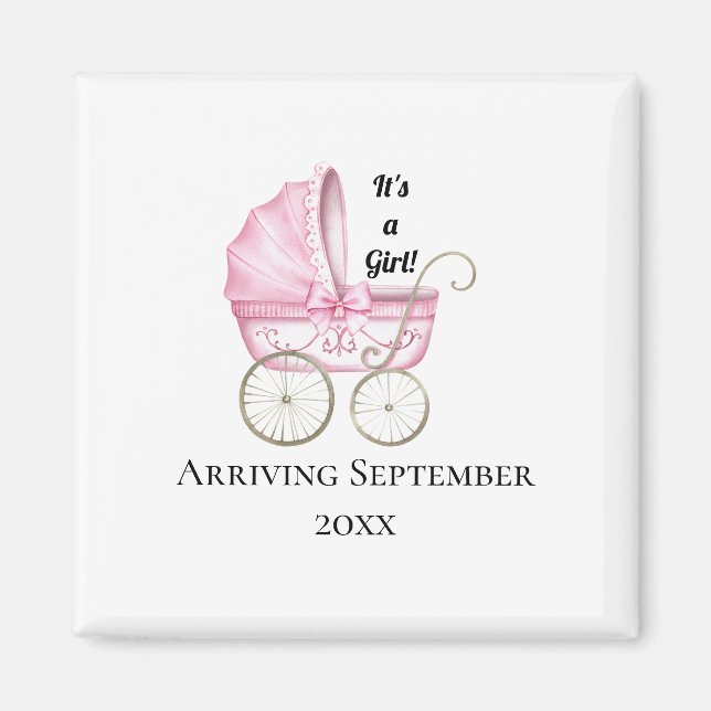 Es ist ein Mädchen! Ankündigung von Pink Baby Preg Magnet (Vorne)