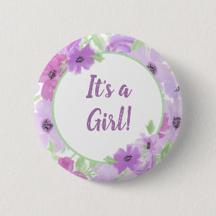 Es ist ein Mädchen! Aquarellblütendusche Button