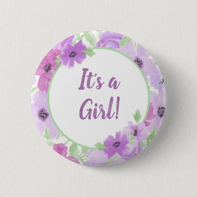 Es ist ein Mädchen! Aquarellblütendusche Button (Vorderseite)
