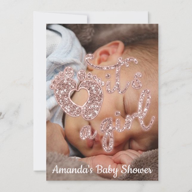 Es ist ein Mädchen Baby Dusche Custom Foto Rose Gl Einladung (Rückseite)
