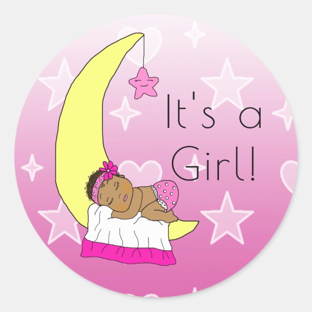 Es ist ein Mädchen , Baby Girl on Moon Magenta Eth Runder Aufkleber (Vorderseite)