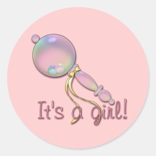 ES IST EIN MÄDCHEN BABY RATTLE VON SHARON SHARPE RUNDER AUFKLEBER (Vorderseite)