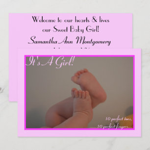 Es ist ein Mädchen Baby Zehen Foto Rosa Ankündigun Einladung