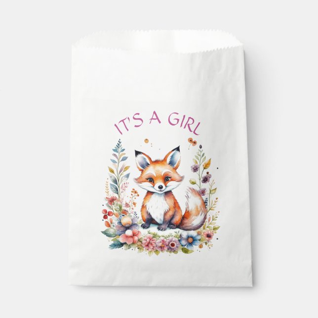 Es ist ein Mädchen | Babyfox und Blume Kinderdusch Geschenktütchen (Vorderseite)