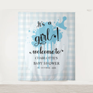 Es ist ein Mädchen! Blaues Gingham-Baby-Shower-Kul Wandteppich
