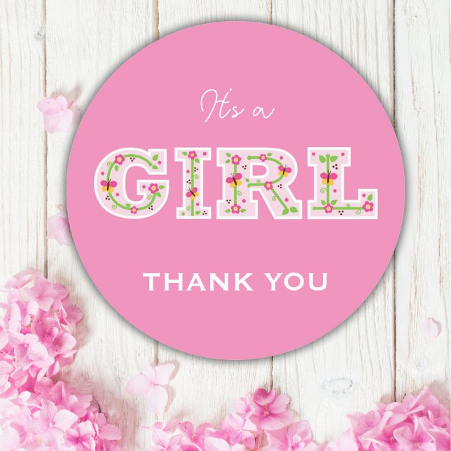 Es ist ein Mädchen, Blume und Schmetterlinge Babyd Runder Aufkleber (Von Creator hochgeladen)