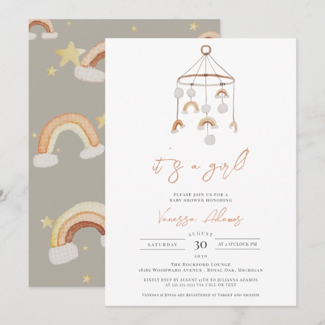 Es ist ein Mädchen, Boho Rainbow Baby Kinderzimmer Einladung (Vorne/Hinten)