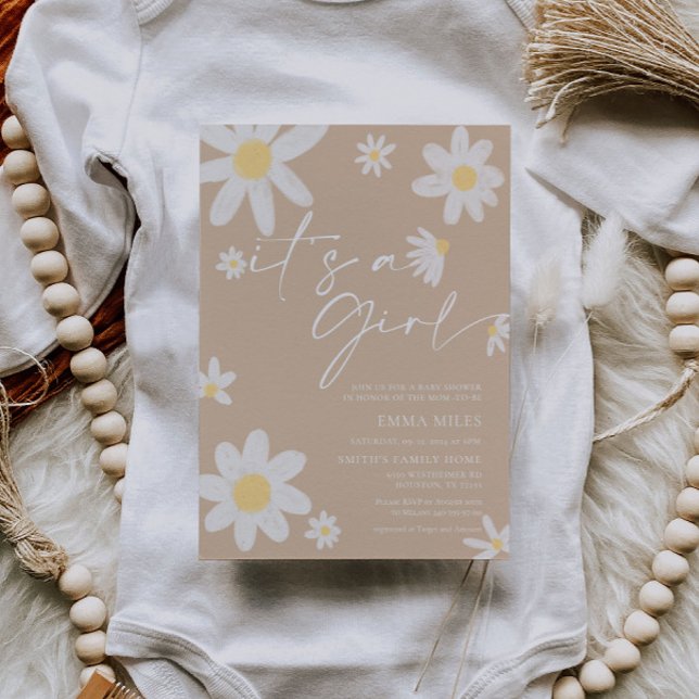 Es ist ein Mädchen Daisy Beige Baby Shower Einladu Einladung (Von Creator hochgeladen)