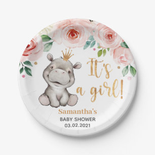 Es ist ein Mädchen! Floral Hippo Babyduschplatte Pappteller