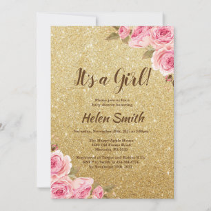 Es ist ein Mädchen Gold Glitter Blumen Baby-Party Einladung