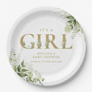 Es ist ein Mädchen Greenery Gold Letter Babyparty Pappteller