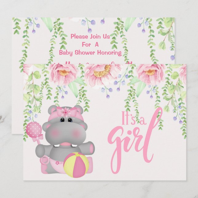 Es ist ein Mädchen Hippo Floral Baby Shower Einlad Einladung (Vorne/Hinten)