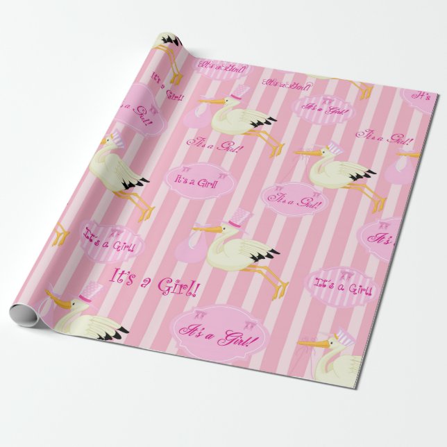 Es ist ein Mädchen hübsch rosa Storch Thema Geschenkpapier (Ungerollt)