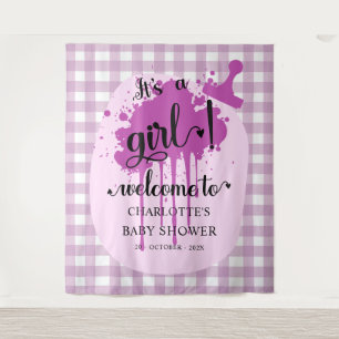 Es ist ein Mädchen! Lila Gingham-Babyparty-Hinterg Wandteppich
