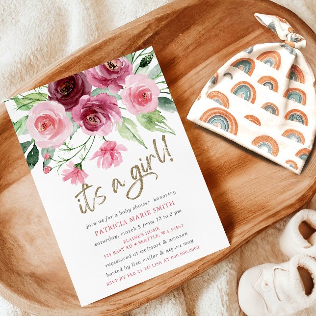 Es ist ein Mädchen moderne rosa Burgundy Floral Ba Einladung (Its a girl Modern Pink Burgundy Floral Baby Shower Invitation)