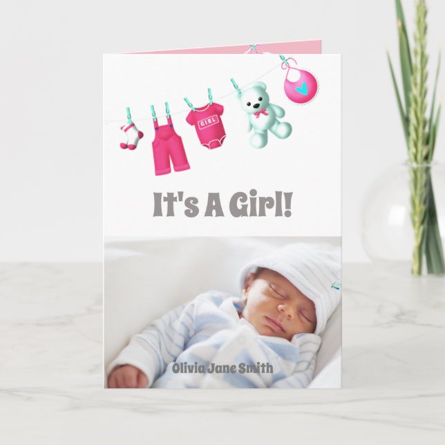 Es ist ein Mädchen! Neues Baby - Pink Custom Foto  Karte (Vorderseite)