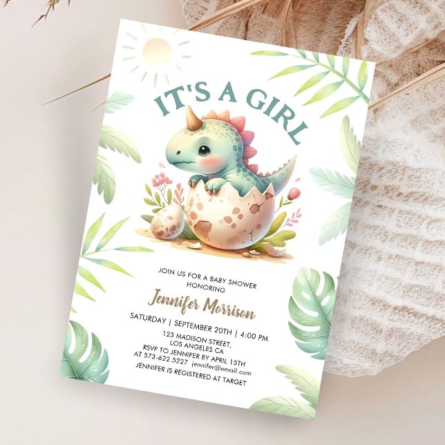 Es ist ein Mädchen! Niedlich Dino Dinosaur Girl Ba Einladung (Von Creator hochgeladen)