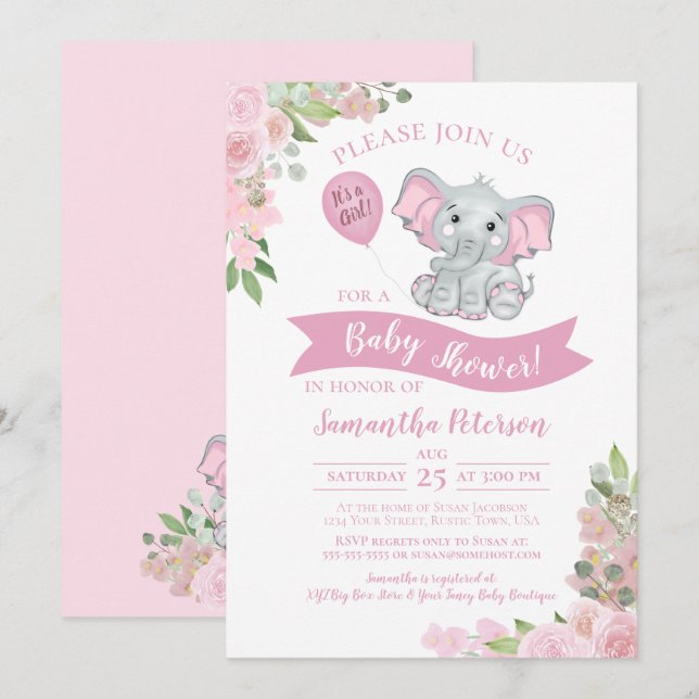 Es ist ein Mädchen! Niedlich Elephant Pink Floral  Einladung (Vorne/Hinten)
