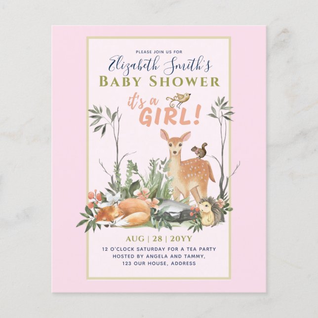 Es ist ein MÄDCHEN! Niedlich Woodland Baby Animals Flyer (Vorne)
