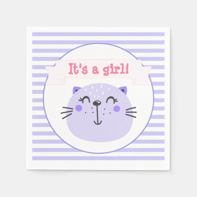Es ist ein Mädchen | Niedliche Lila Katze | Babydu Serviette (Vorderseite)