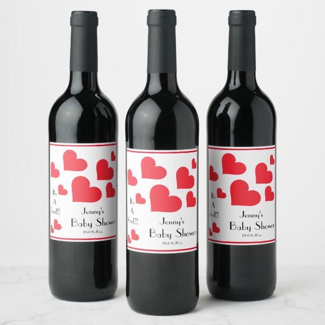 Es ist ein Mädchen! - Niedliche Red Hearts Custom  Weinetikett (Flaschen)