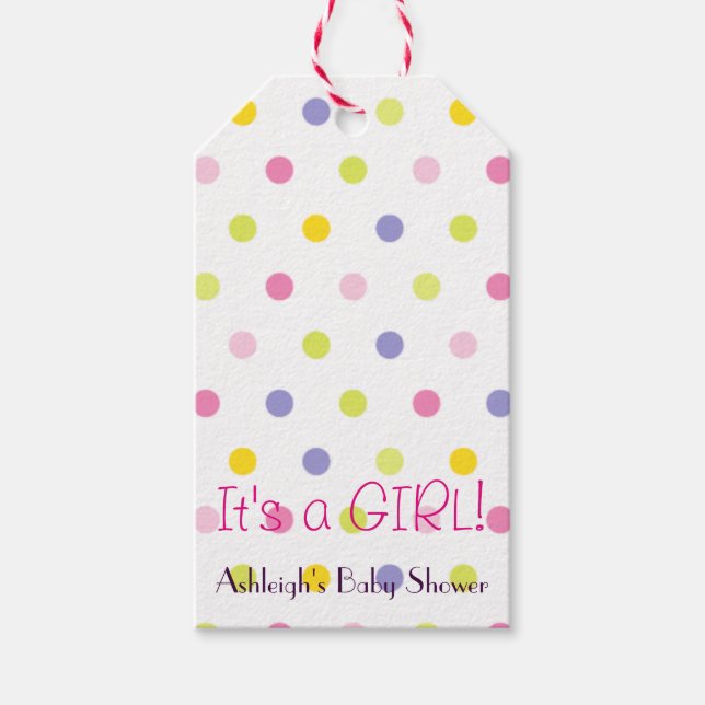 Es ist ein MÄDCHEN! Pastel Polka Dot Babydusche Geschenkanhänger (Vorderseite)