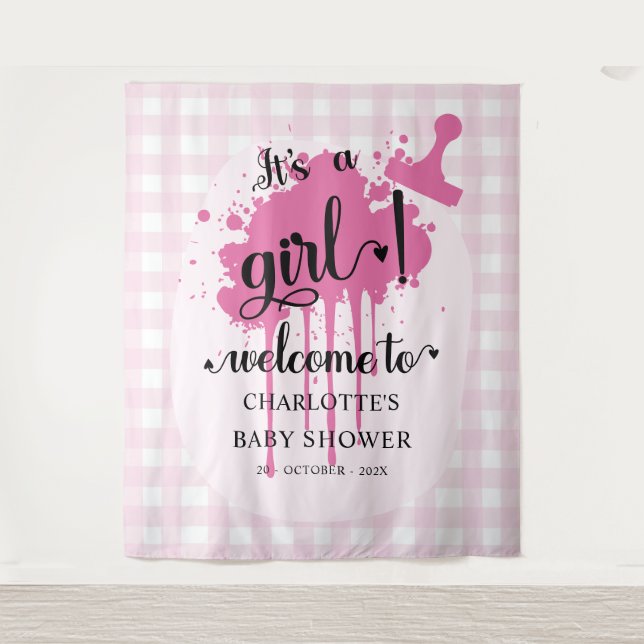 Es ist ein Mädchen! Pink Gingham Baby Dusche Hinte Wandteppich (Vorderseite)
