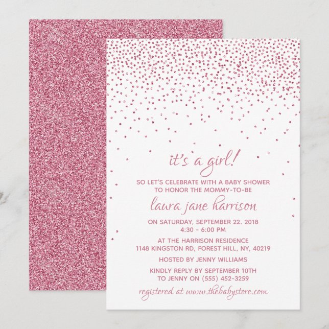Es ist ein Mädchen! Pink Glitzer Confetti Babydusc Einladung (Vorne/Hinten)