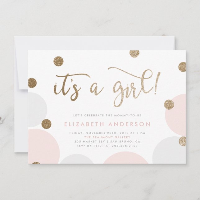 Es ist ein Mädchen! | Pink & Gold Confetti Babydus Einladung (Vorderseite)